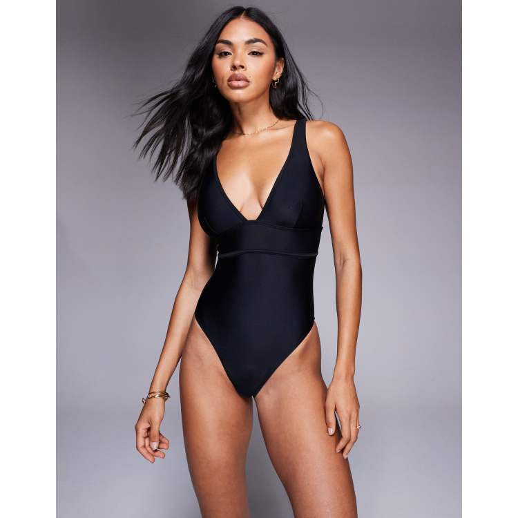 ★PLAGE_seoul★ Plunge Swimsuit_Black L'AGENCE - Lisa Plunge One-Piece Swimsuit in Black/White