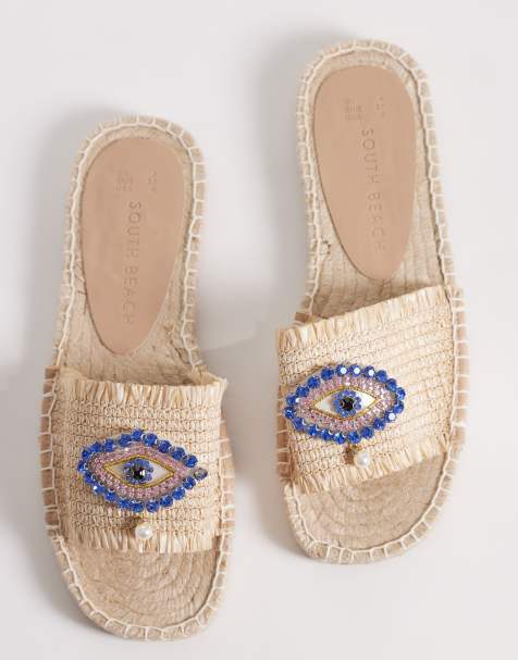 South Beach – Evil Eye – Beige sandaler i raffiabast med onda ögat - view 1
