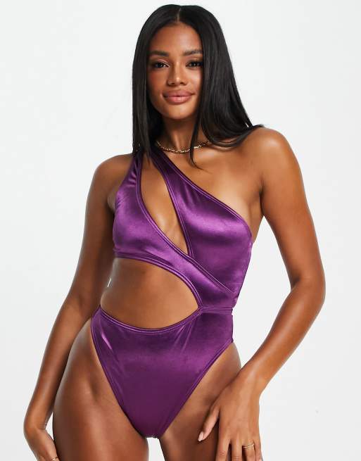 South Beach Exclusive asymmetric cut out swimsuit in high shine purple , 4 of 4