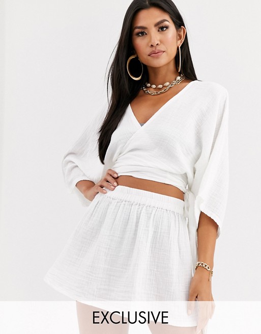 South Beach Exclusive beach wrap top and skirt co-ord in white