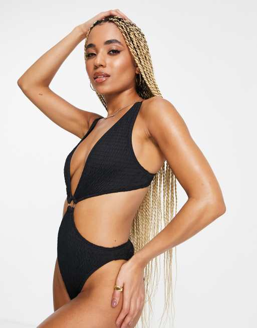 ASOS DESIGN Petite wet look metallic ring detail cut out swimsuit