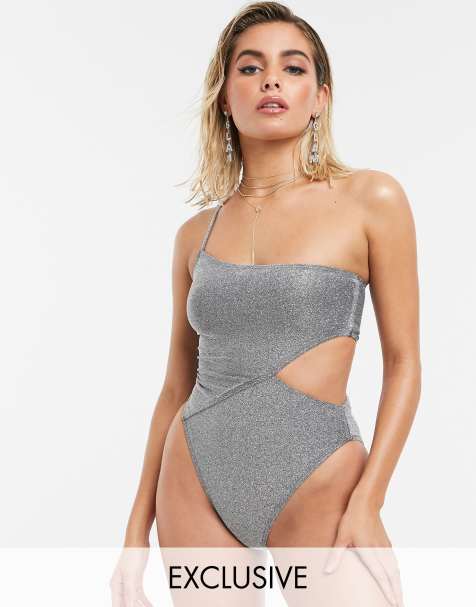 South Beach Exclusive cut out high leg swimsuit in metallic silver glitter