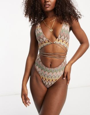 South Beach Exclusive cut out wrap around embroidered swimsuit in multi print