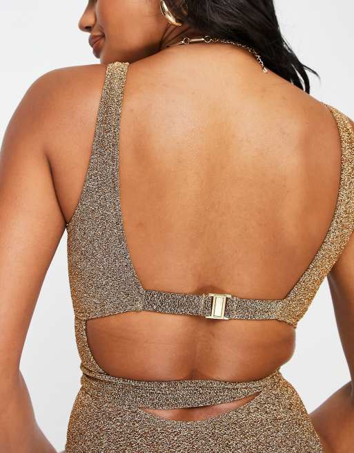 South Beach Exclusive cut out wrap around swimsuit in gold metallic , 3 of 4