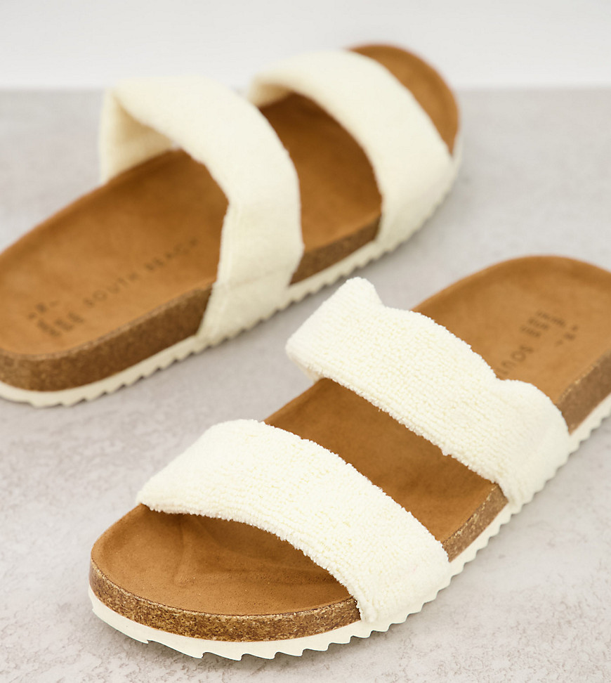 South Beach Exclusive double strap slides in cream towelling-White