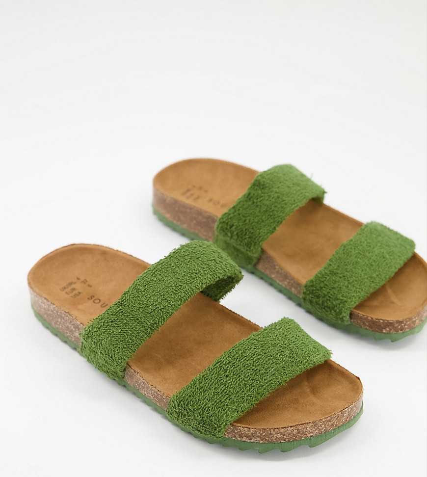 South Beach Exclusive double strap slides in olive terrycloth-Green