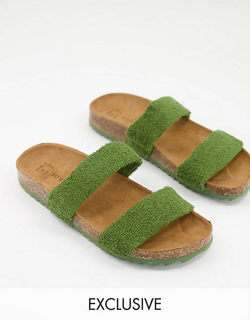 South Beach Exclusive double strap slides in olive towelling