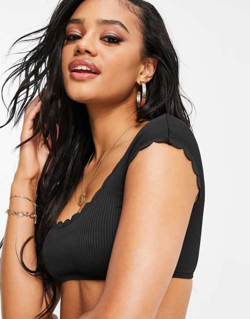 South Beach Exclusive mix and match textured scallop cap sleeve bikini top in black, 3 of 4