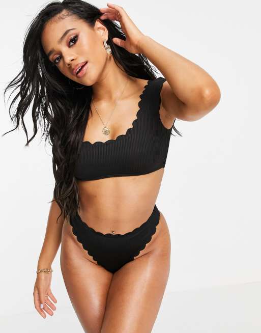 South Beach Exclusive mix and match textured scallop cap sleeve bikini top in black