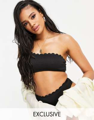 South Beach Exclusive mix and match textured scallop one shoulder bikini  top in black