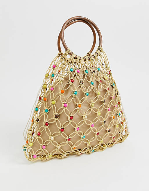 South Beach Exclusive natural beaded bag with wooden handle and bright beads