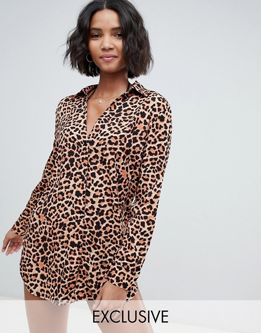 South Beach Exclusive oversized beach shirt Dress in leopard print  ASOS