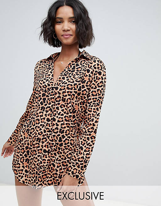 South Beach Exclusive oversized beach shirt Dress in leopard print | ASOS