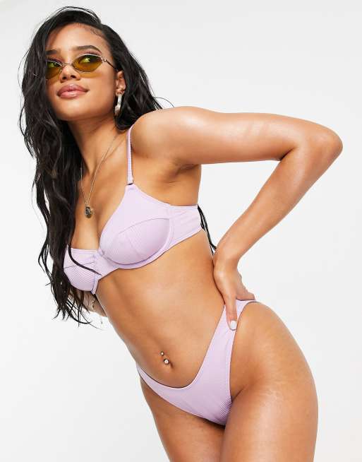 South Beach Exclusive rib V high leg bikini bottom in lilac, 3 of 4