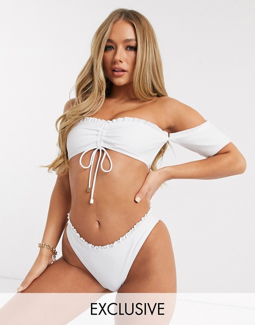 South Beach Exclusive ruched cold shoulder bikini top in white
