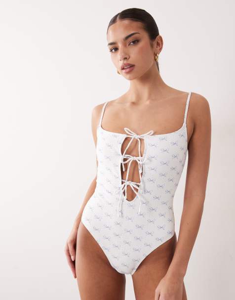 South Beach eyelet tie one-piece swimsuit with bow detailing in white - view 1