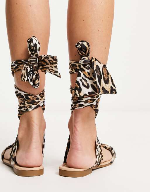 South Beach fabric tie around sandal in leopard ASOS