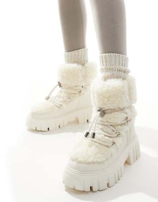 South Beach Faux Fur Chunk Lace Up Boot in Cream-White