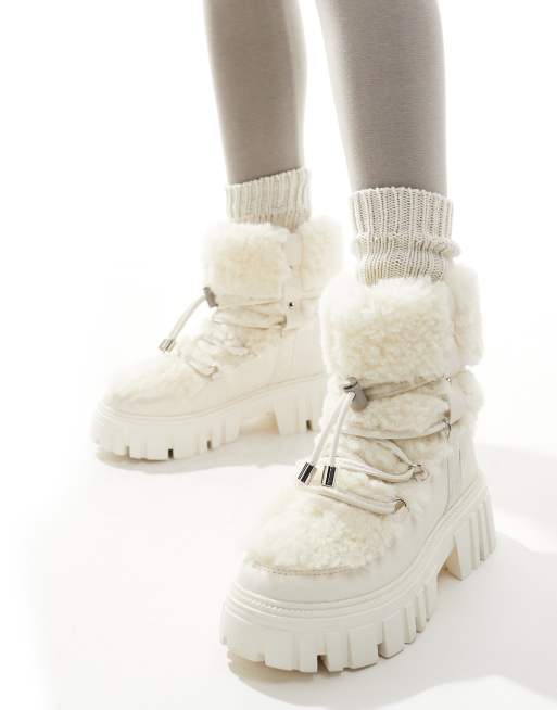 South Beach faux fur chunky lace up boots in cream