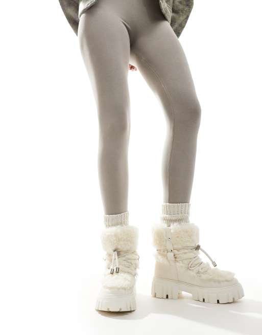 South Beach Faux Fur Chunk Lace Up Boot in Cream