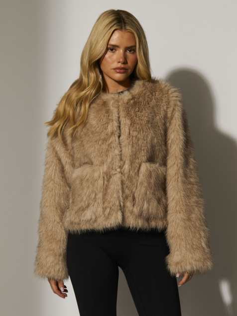 South Beach faux fur double pocket jacket in beige 