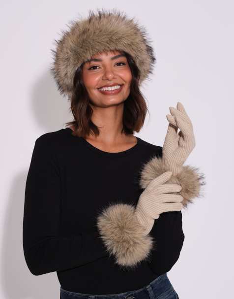 South Beach Faux fur hat and glove set in beige - view 1