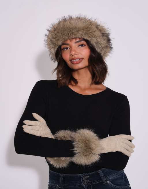 South Beach Faux fur hat and glove set in beige, 4 of 7