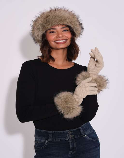 South Beach Faux fur hat and glove set in beige, 5 of 7