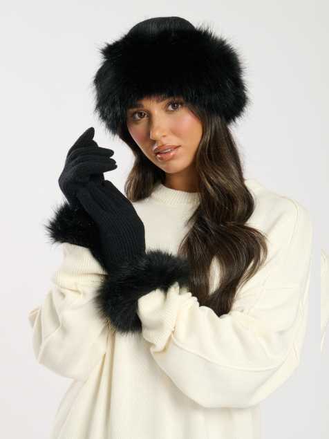 South Beach Faux fur hat and glove set in black - view 1
