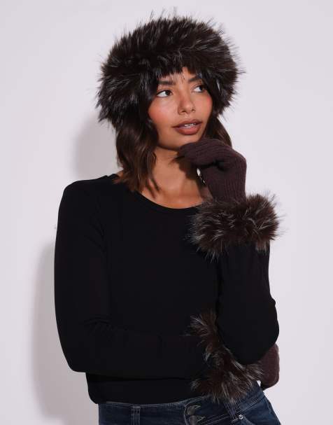 South Beach Faux fur hat and glove set in brown - view 1