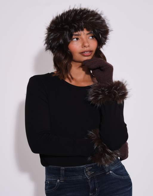 South Beach Faux fur hat and glove set in brown, 5 of 7