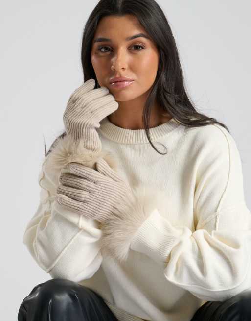 South Beach Faux fur hat and glove set in cream, 3 of 3