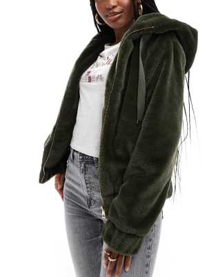 South Beach Faux fur hooded jacket in khaki-Green