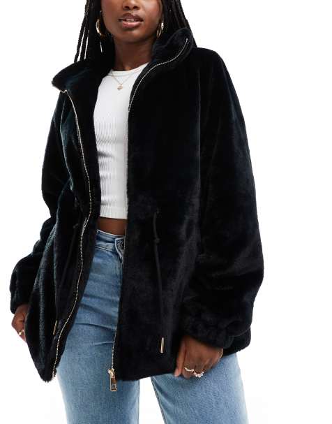 South Beach Faux fur jacket with waist ties in black - view 1
