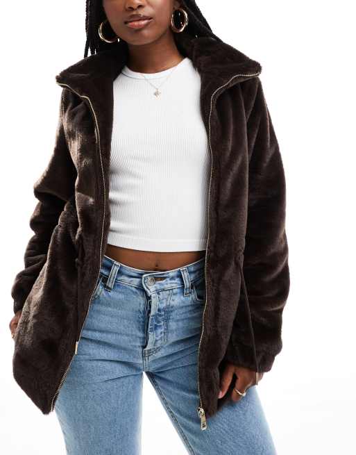 South Beach Faux fur jacket with waist ties in cocoa ASOS