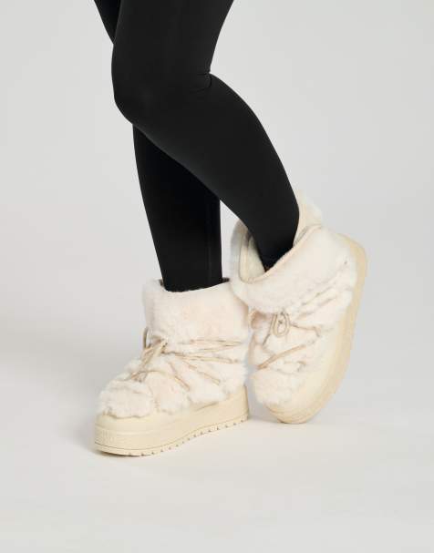 South Beach Faux fur  lace up snow boot in cream - view 1