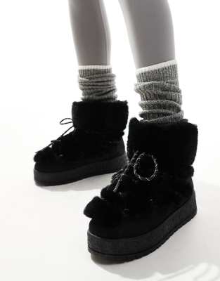 Faux Fur Lace Up Snow Boots in black