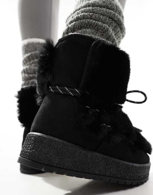 South Beach Faux Fur Lace Up Snow Boots in black