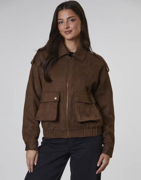 South Beach Faux suede bomber jacket in tan - view 1