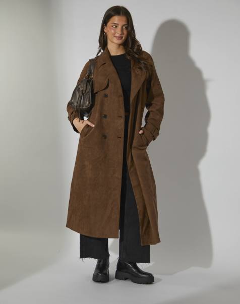 South Beach Faux suede trench coat in tan