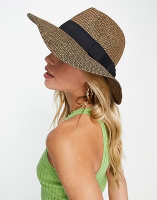 South Beach fedora hat with ribbon in mixed straw