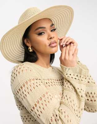 South Beach Wide Brim Hat in Beige-White