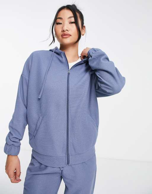 South Beach - Felpa con cappuccio oversize in tessuto a nido d'ape blu con cerniera lampo , 4 di 4