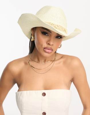 South Beach festival cowboy hat with crochet band in cream-White