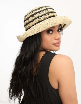 South Beach festival stripe straw bucket hat in cream and black-Multi