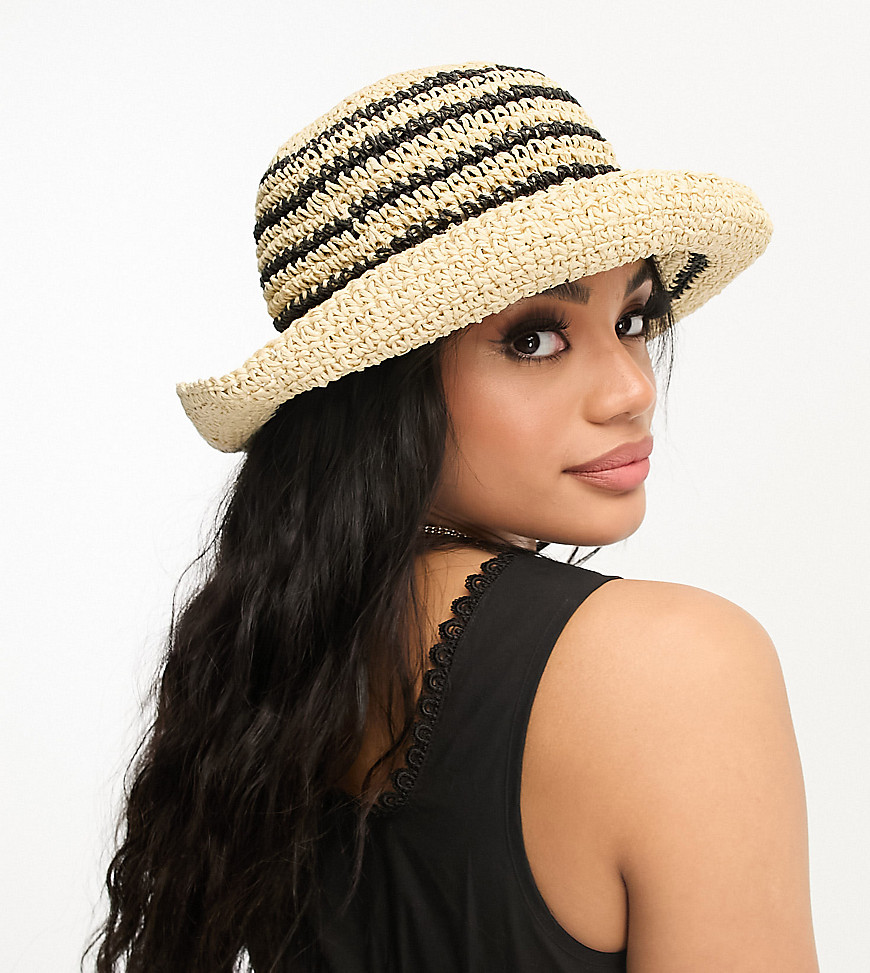 South Beach festival stripe straw bucket hat in cream and black-Multi