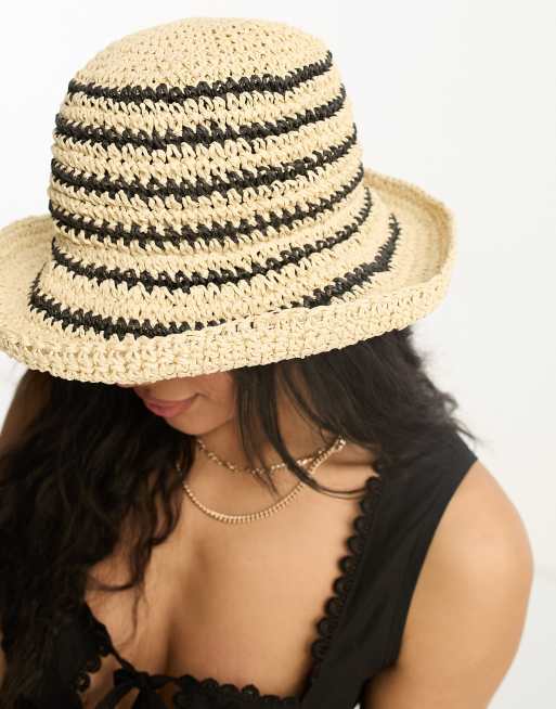 South Beach festival stripe straw bucket hat in cream and black, 2 of 4