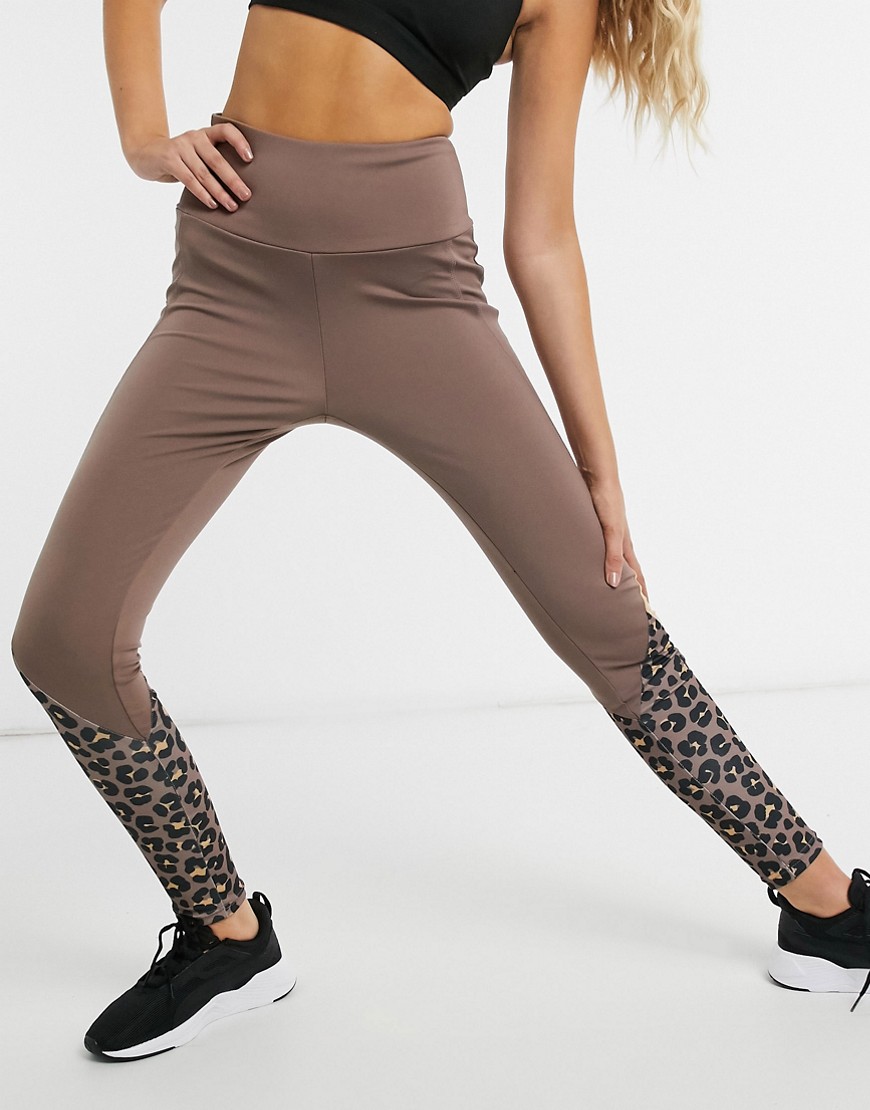 South Beach fitness calf panel print legging in earthy leopard-Brown