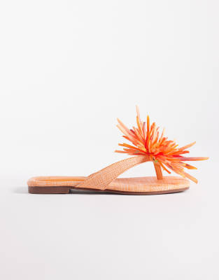 South Beach Flip Flops With Flower Detail In Orange