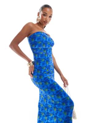 floral abstract print mesh maxi bandeau dress in blue